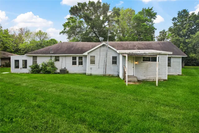 a backyard of a house with plants and large tree