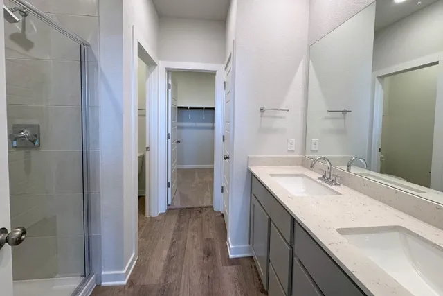 a bathroom with a sink a mirror and a shower