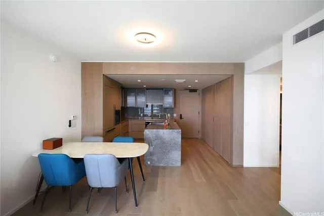 a view of a dining room with furniture