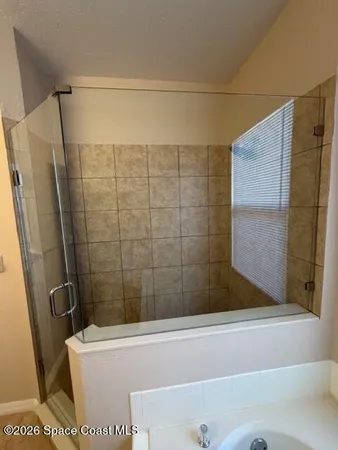 a bathroom with a shower and a toilet
