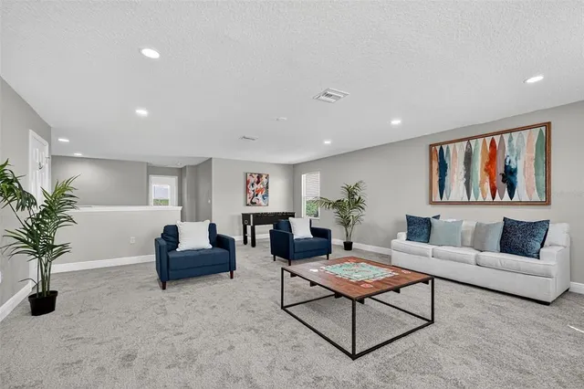 a living room with furniture and a potted plant