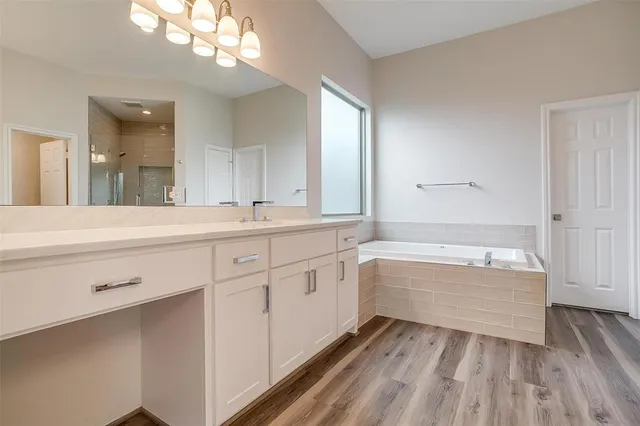 a bathroom with a sink a large mirror and a bathtub