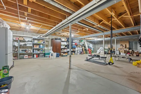 a view of a storage room with shelves