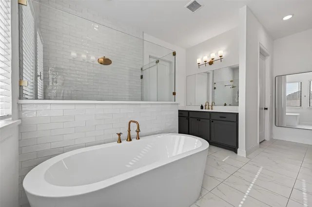 a bathroom with a tub a sink a mirror and shower