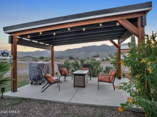 an aerial view of a house with a garden
