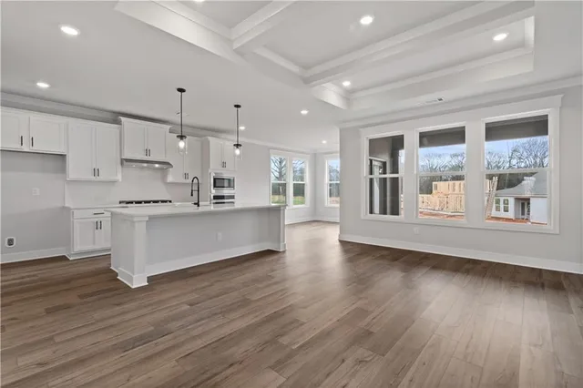 a view of kitchen with wooden floor