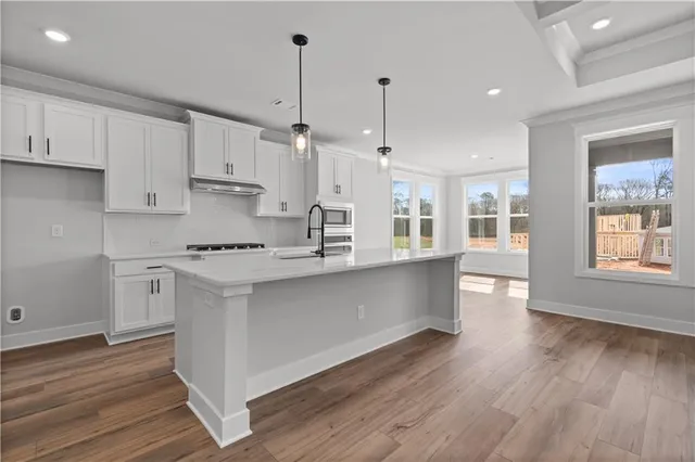 a kitchen with stainless steel appliances granite countertop a sink stove and cabinets