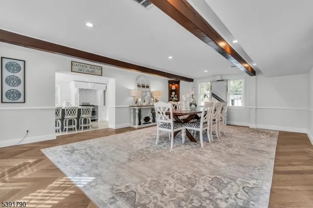 a view of a dining room with furniture
