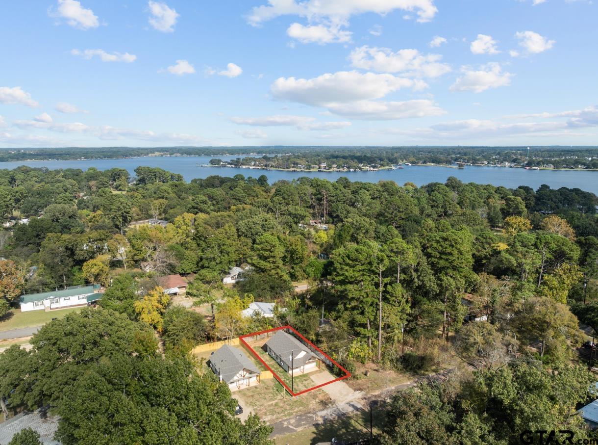 an aerial view of residential houses with outdoor space and trees