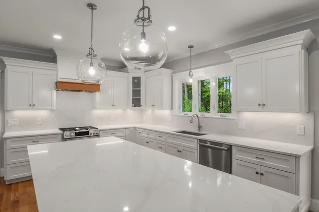 a kitchen with a sink a counter space appliances and cabinets