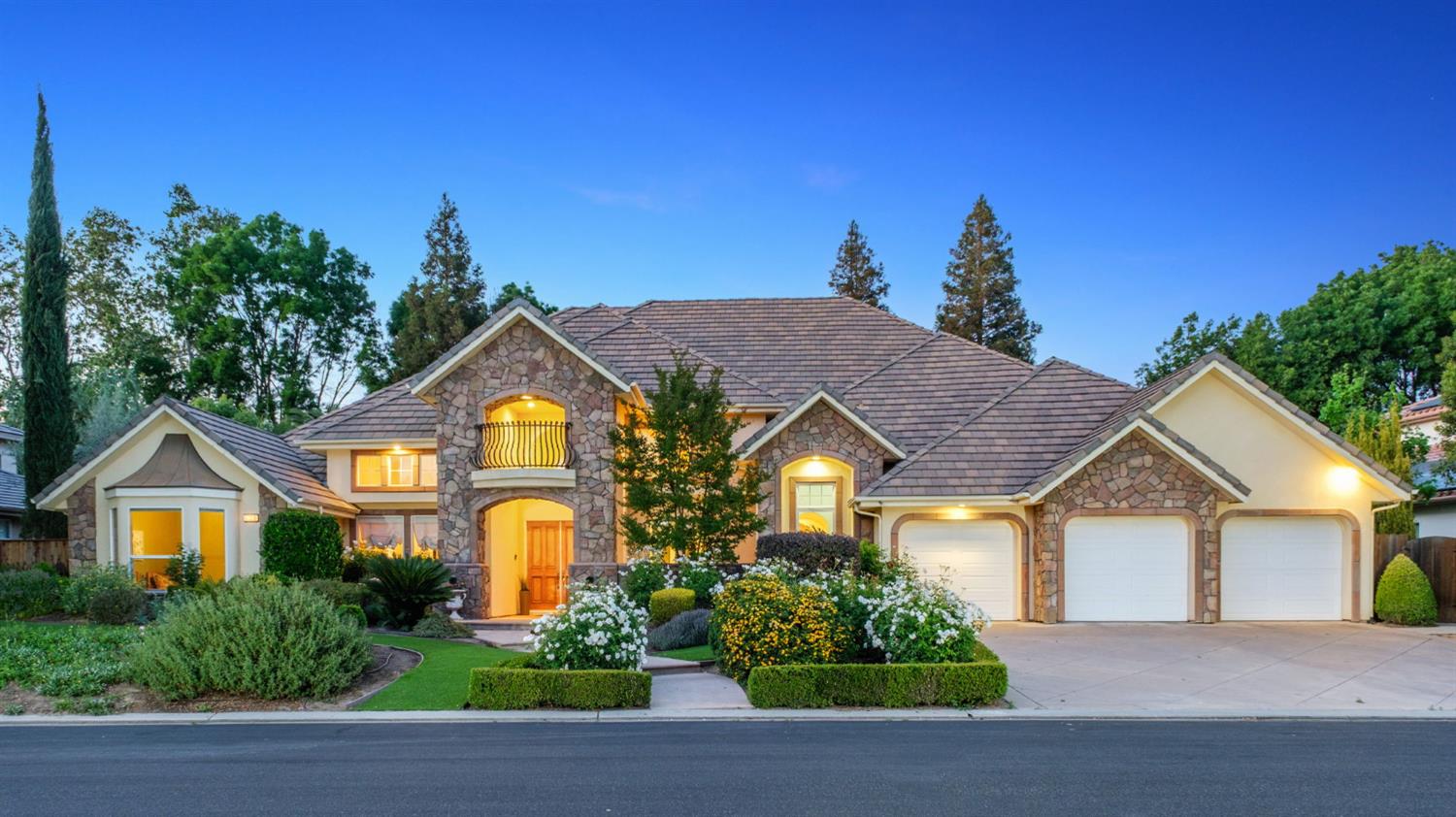 3386 East Vía Monte Verdi Clovis, CA 93619 - Photo 1 of 51 a front view of a house with a yard and potted plants