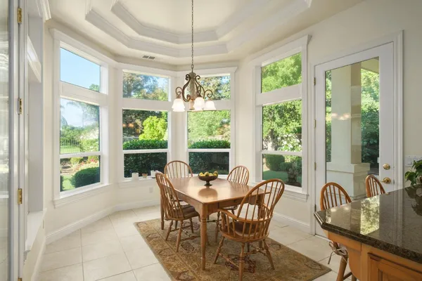 a view of a dining room with furniture window and outside view