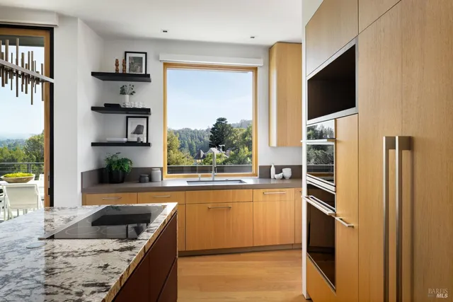 a living room with stairs