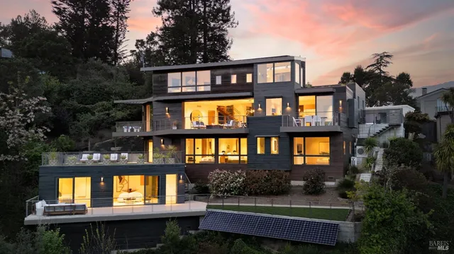 a view of a lake with furniture