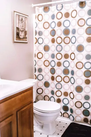 a white toilet sitting next to a shower curtain