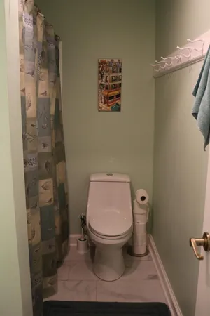 a bathroom with a toilet and a shower