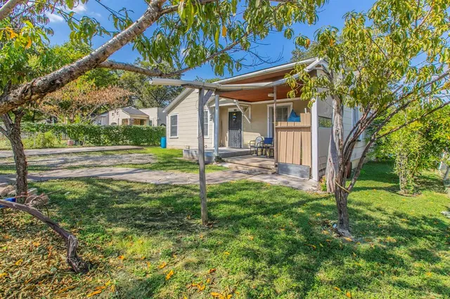 a view of a house with backyard and a tree