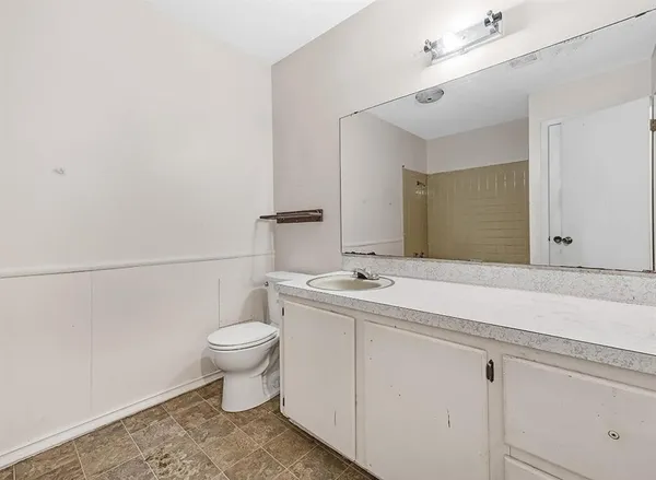 a bathroom with a sink a toilet and a mirror