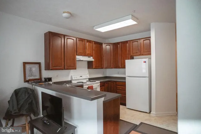 a kitchen with a refrigerator a stove a sink and cabinets