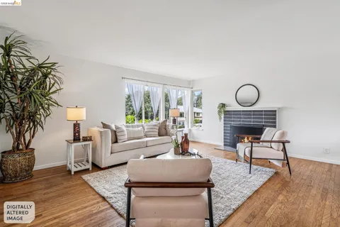 a living room with furniture a fireplace and a potted plant