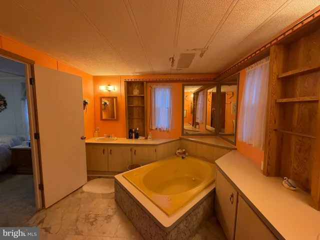 a bathroom with a sink a large mirror and a shower