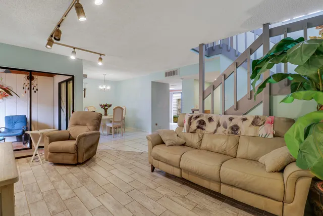 a living room with furniture and a potted plant