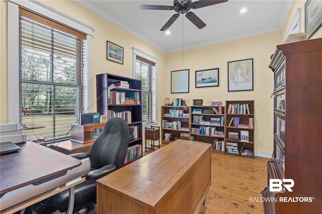 2730 Gator Road Mobile, AL 36605 - Photo 23 of 42 Office with light wood finished floors, crown molding, ceiling fan, and recessed lighting