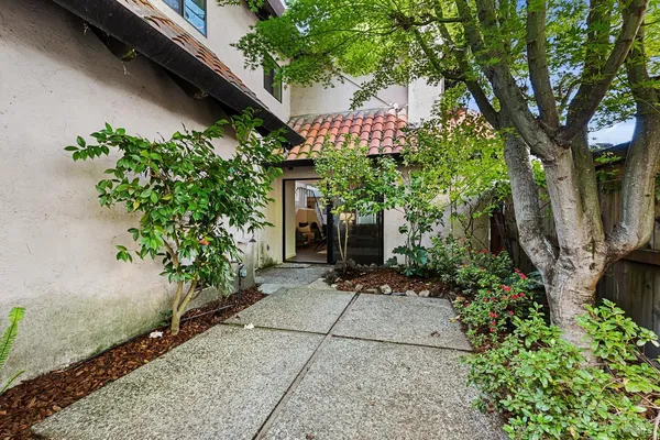 a front view of a house with a tree