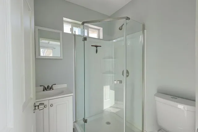a bathroom with a shower and toilet