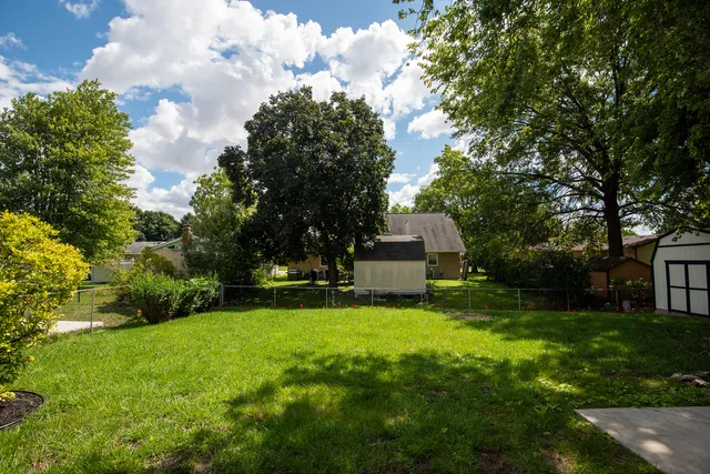 a view of a backyard with large trees