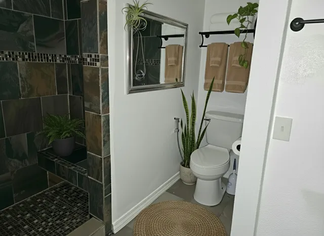 a bathroom with a toilet and a shower