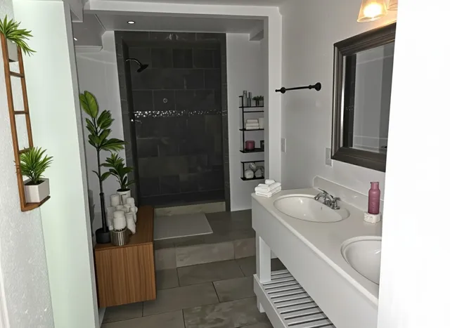 a bathroom with a bathtub and a sink