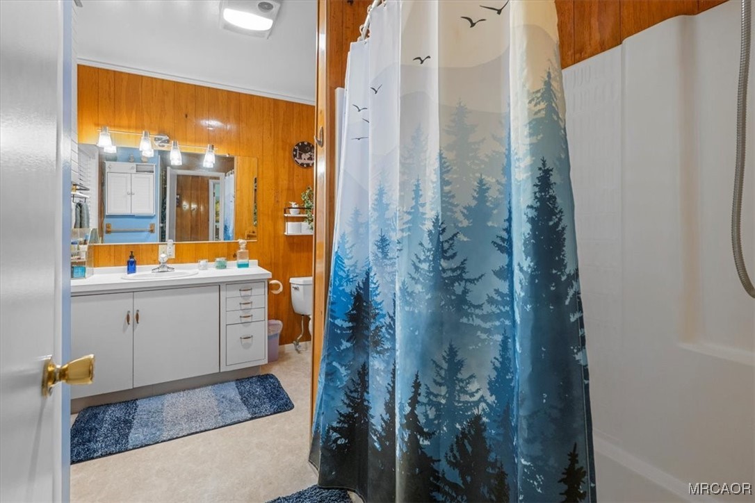 446 Moreno Lane Sugarloaf, CA 92386 - Photo 21 of 41 a bathroom with a granite countertop shower a sink and a mirror