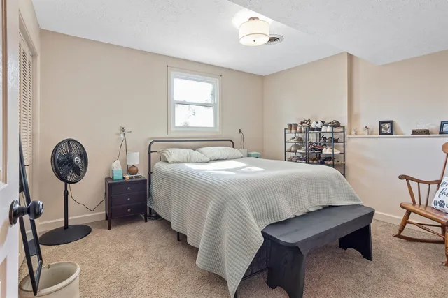 a bedroom with a bed a chair and potted plant on the table