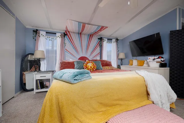 a bedroom with a bed and tv