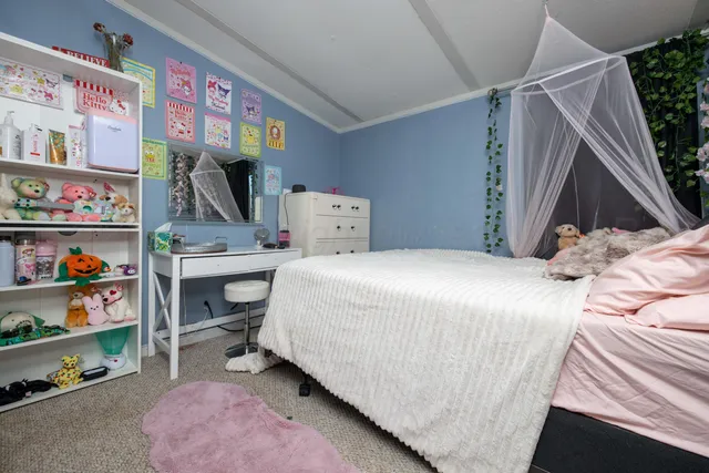 a bed room with a bed and a book shelf