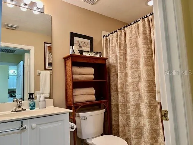 a bathroom with a sink a toilet and shower curtain