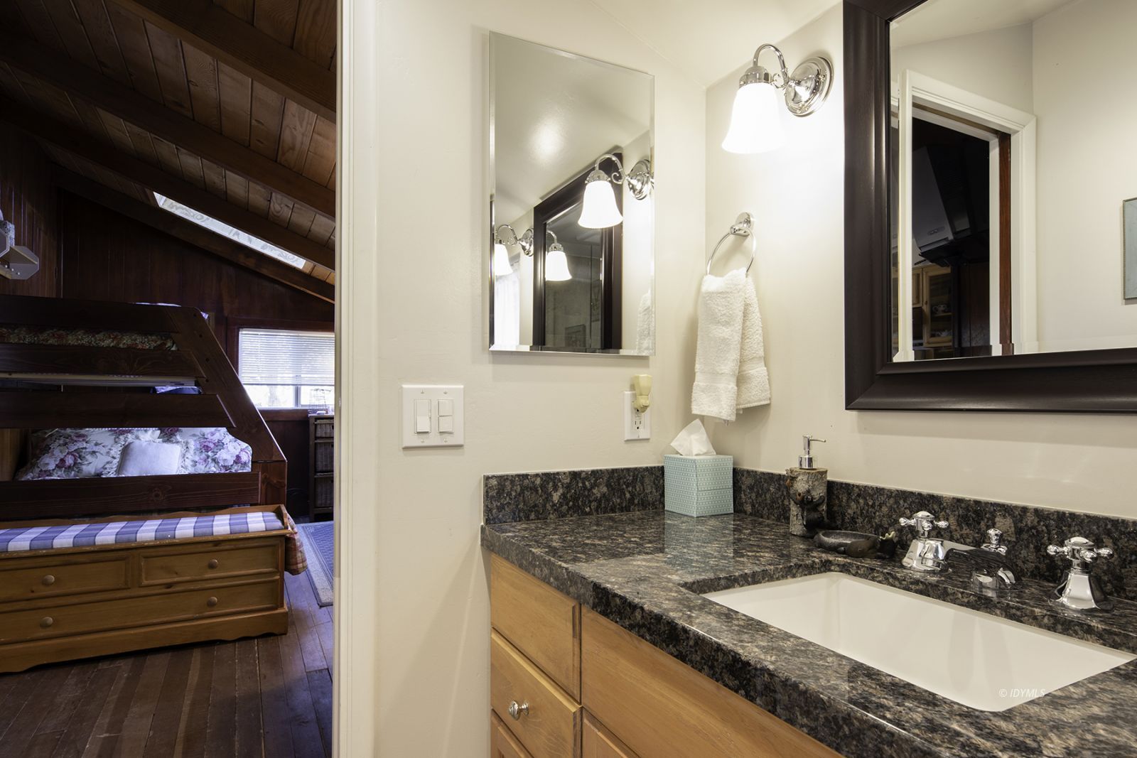 25180 Glen Road Idyllwild, CA 92549 - Photo 14 of 45 a bathroom with a granite countertop sink a mirror and vanity