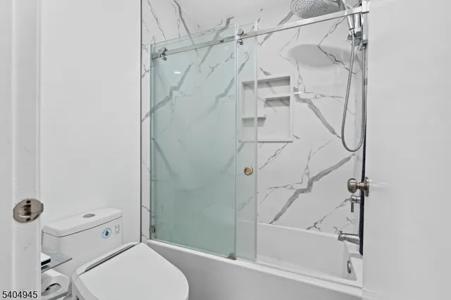 a bathroom with a shower and a toilet
