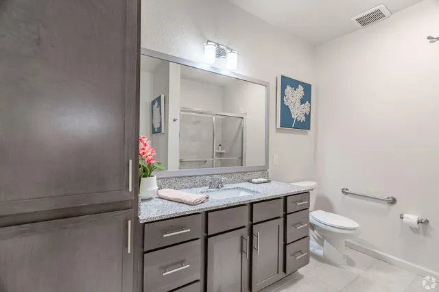 a bathroom with a sink vanity mirror and toilet