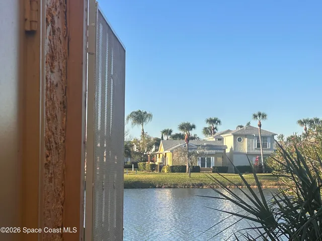 a view of swimming pool with lawn chairs and plants