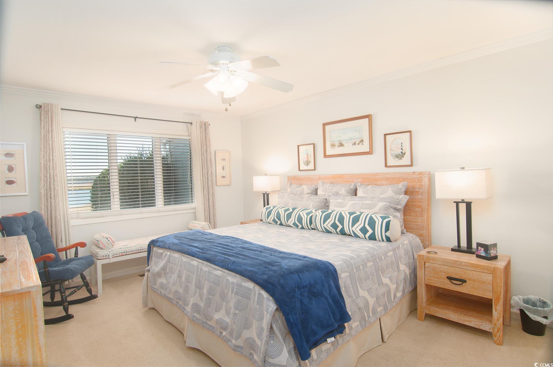 27 Pheasant Loop, Unit 293 Georgetown, SC 29440 - Photo 13 of 23 Carpeted bedroom with ornamental molding and ceiling fan