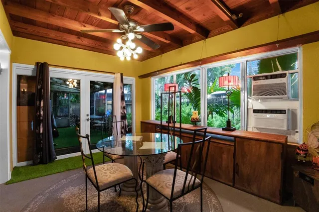 a view of an outdoor dining space with furniture