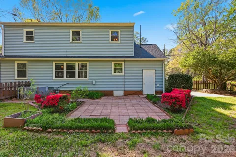 a view of a backyard with potted plants and large tree