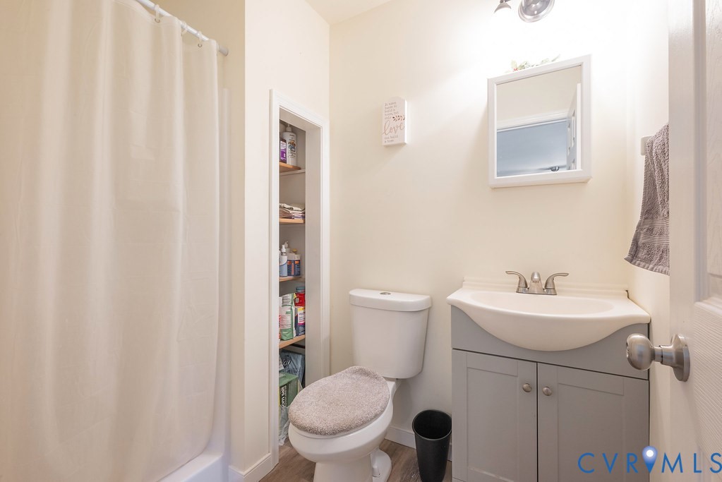 19001 Old Stage Road Dinwiddie, VA 23841 - Photo 21 of 84 a bathroom with a sink a toilet and shower curtain