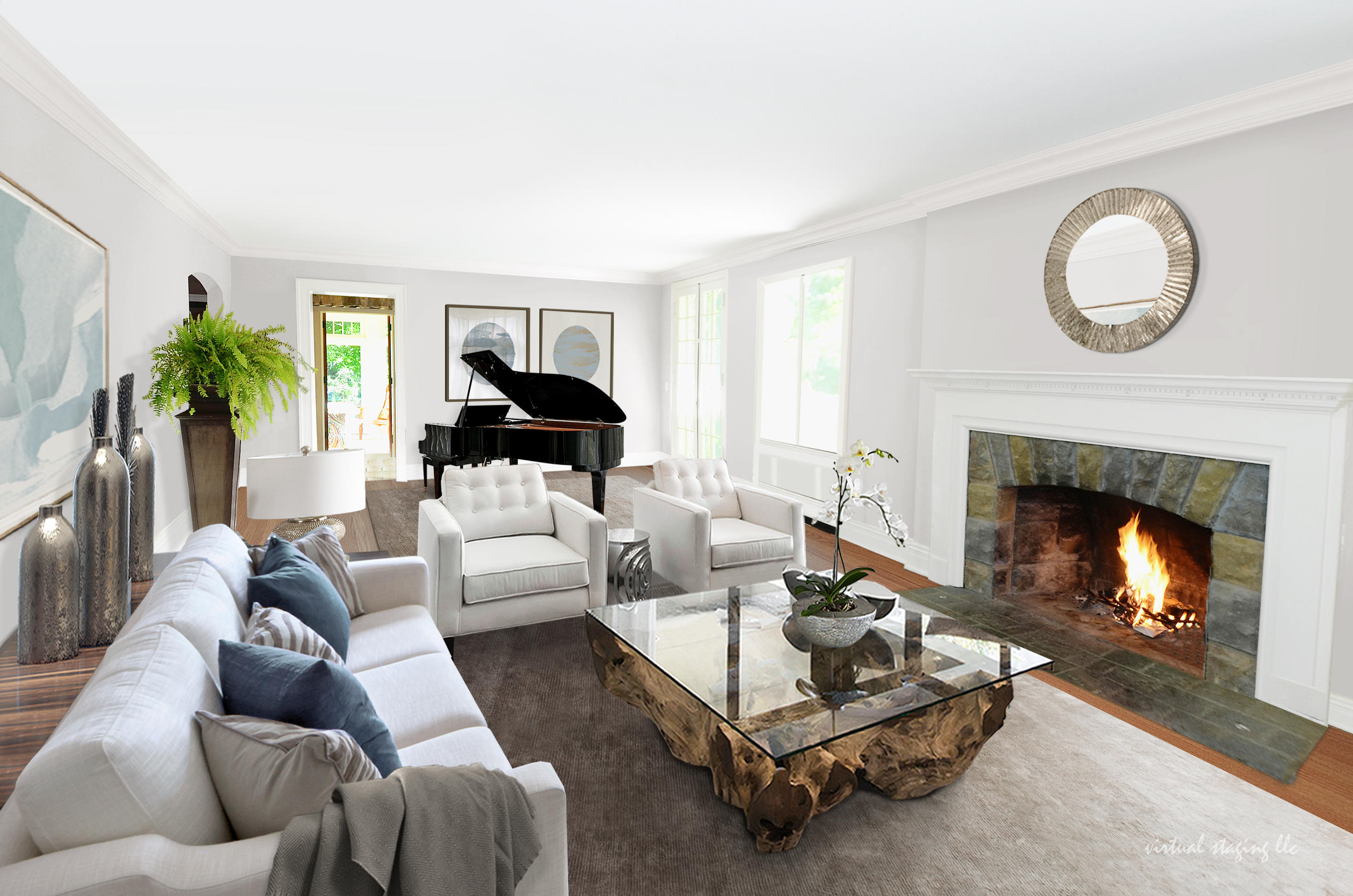1081 Ponus Ridge Road New Canaan, CT 06840 - Photo 8 of 37 a living room with furniture a fireplace a rug and a large window