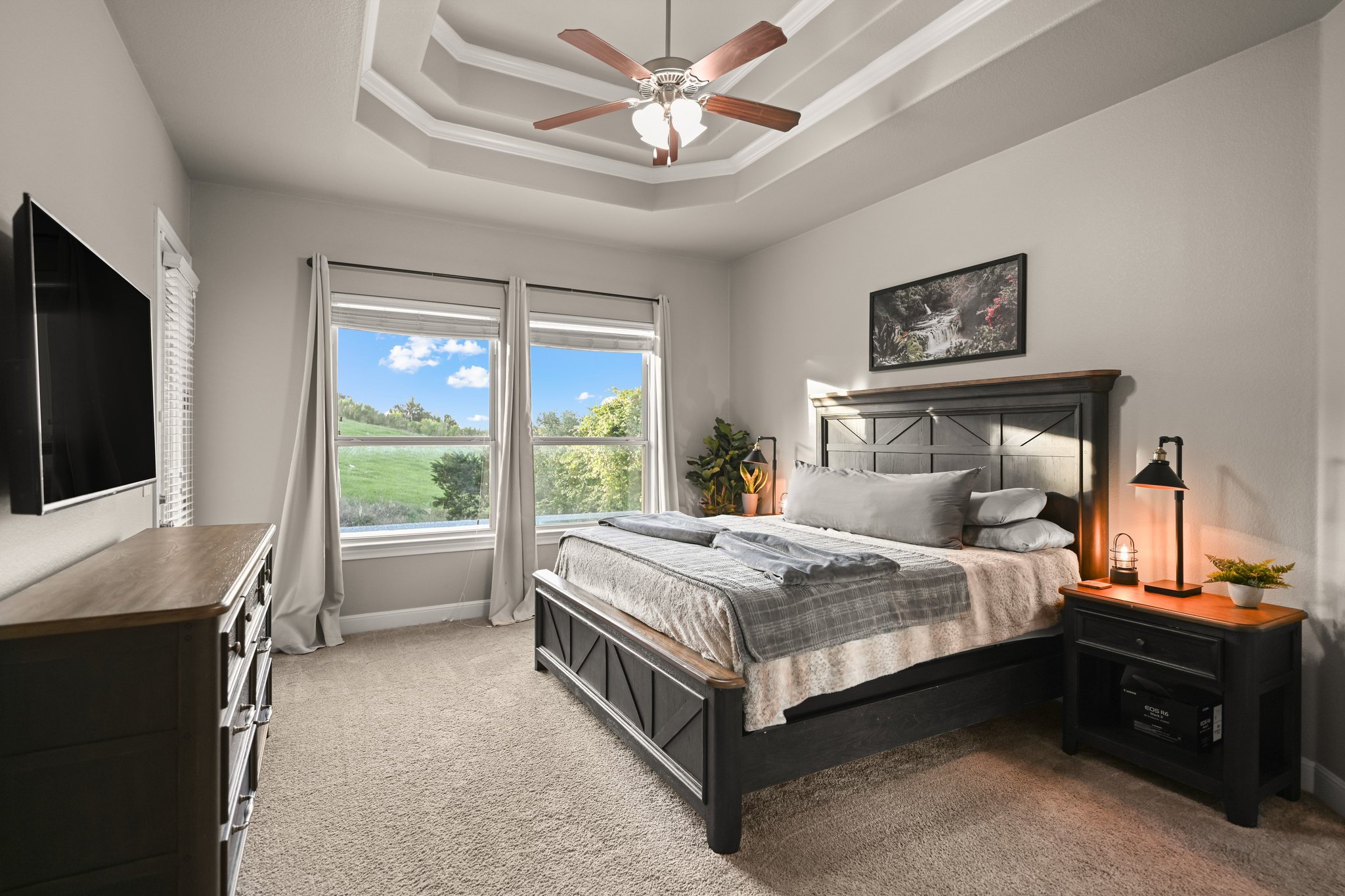 22524 Rock Wren Road Spicewood, TX 78669 - Photo 17 of 40 Carpeted room featuring a coffered ceiling with a ceiling fan, dual windows providing natural illumination, and light gray walls