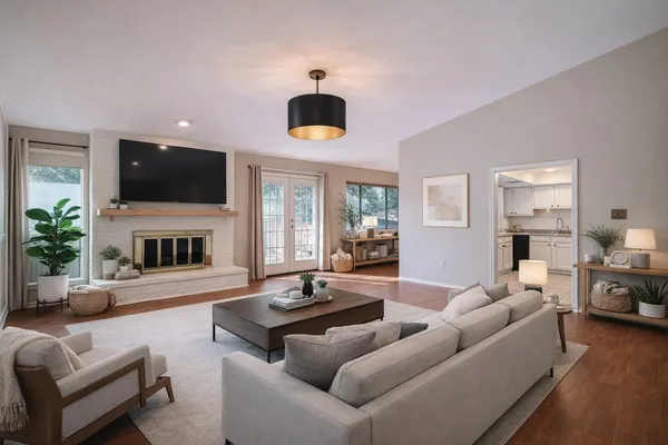 a living room with furniture a flat screen tv and a fireplace