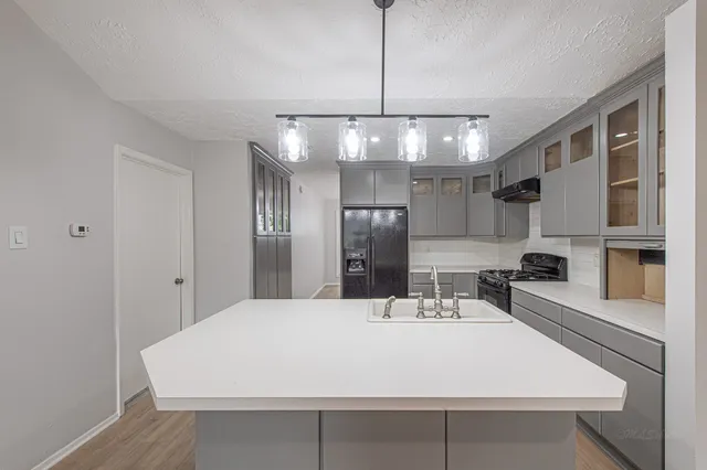 a kitchen with a sink stainless steel appliances and cabinets
