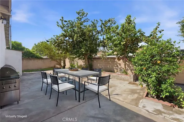 an outdoor space with furniture